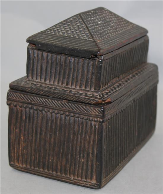 A Nepalese carved wood treasure box, probably 19th century, 6in.
